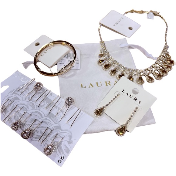NWT Stunning Laura crystal gold jewelry 4pc Set - Picture 1 of 11